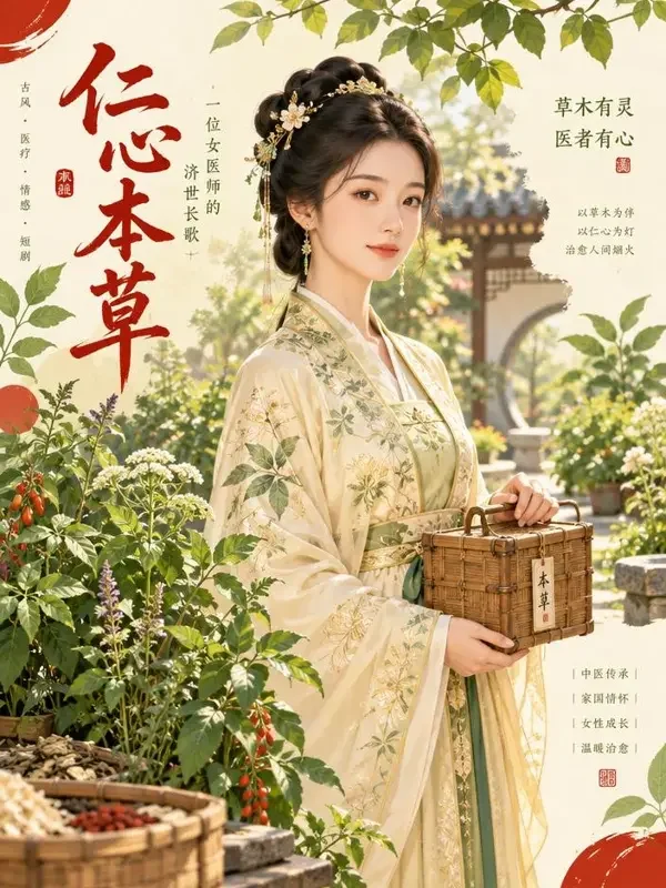 在线短剧《天才医妃》封面海报，古院中执药的医女