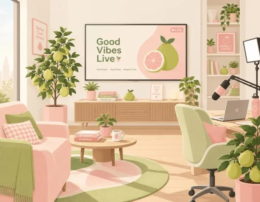 在线短剧团队创作空间插画,屏幕与柚子树盆栽